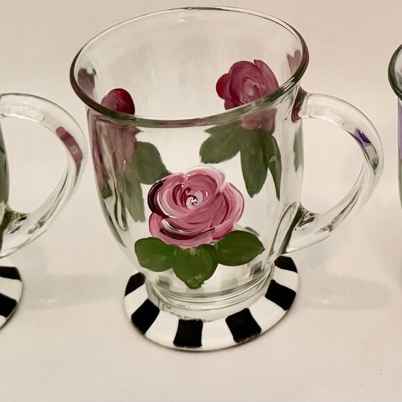 Hand Painted Anchor Hocking Clear Glass Coffee Mugs Pink Purple Floral Set of 4 - Picture 2 of 16